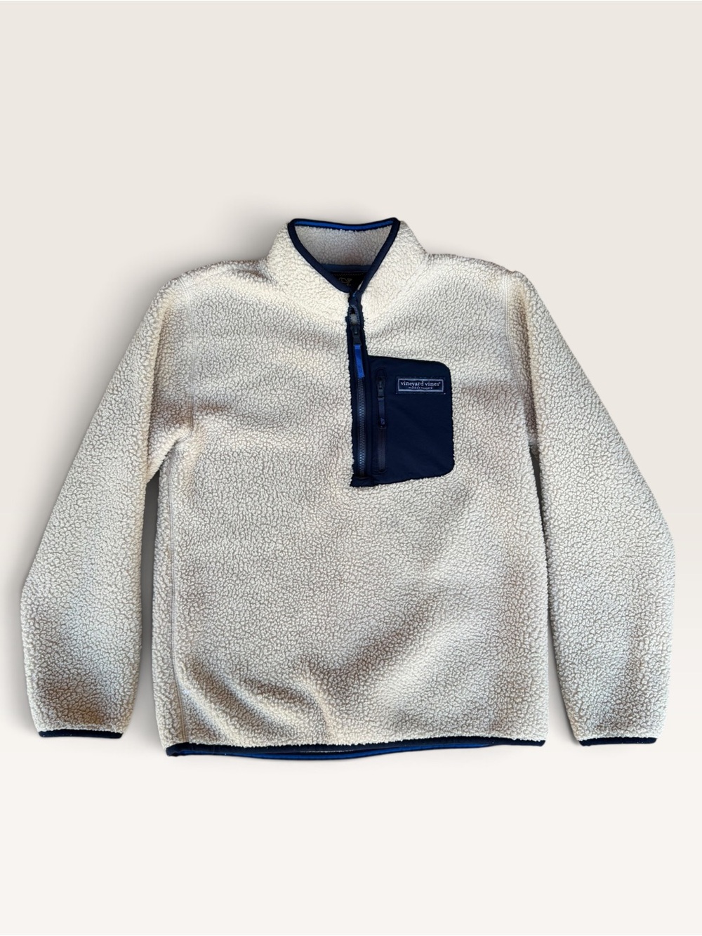 Vineyard Vines Cream Sherpa Half-Zip Pullover with Navy Pocket